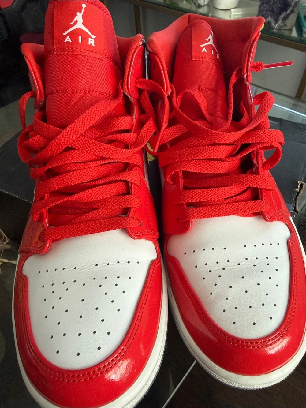 Jordan Red White High-Top Sneakers with Patterned Collar